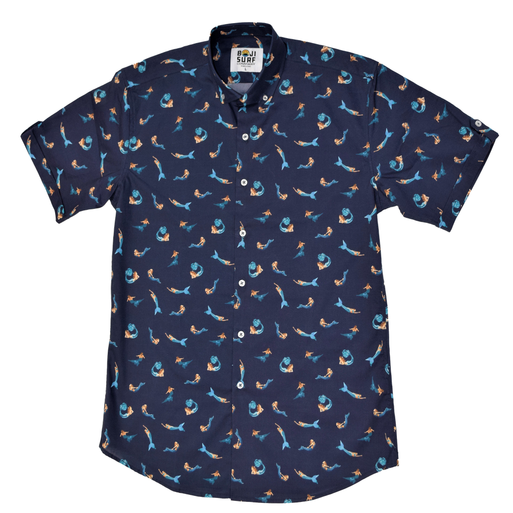 Men’s Button Up Short Sleeve Dress Shirt, Bird Print Navy / XL